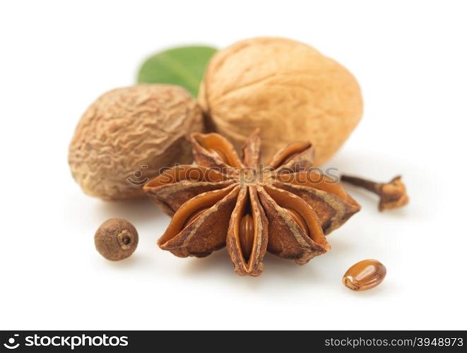 anise star and other spices on white background