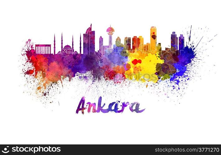 Ankara skyline in watercolor splatters with clipping path. Ankara skyline in watercolor