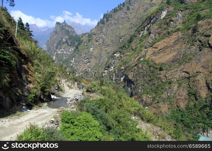 Annapurna trail on thje slope of mount in Nepal
