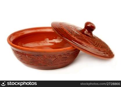 Annealed clay pot with a cover isolated on white background