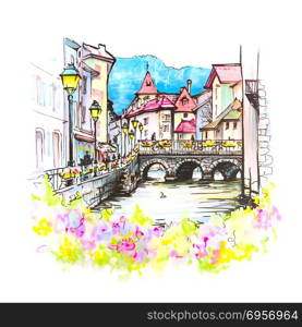 Annecy, called Venice of the Alps, France. Color hand drawing, city view of the Palais de l&rsquo;Isle and Thiou river in old city of Annecy, Venice of the Alps, France. Picture made markers