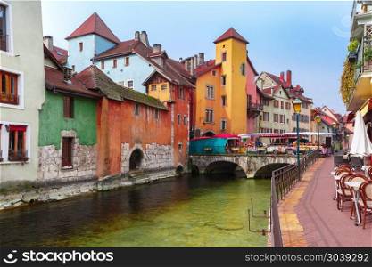 Annecy, called Venice of the Alps, France. Famous colorful houses and Thiou river in the morning in old city of Annecy, Venice of the Alps, France