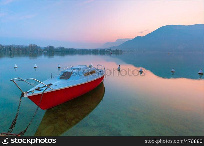 Annecy lake and Alps mountains at sunrise, France, Venice of the Alps, France. Annecy lake and Alps mountains, France