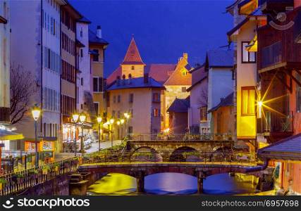Annecy. Old city at night.. Old medieval streets in the night illumination. Annecy. France.