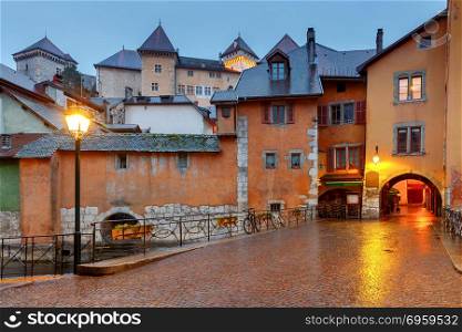 Annecy. Old city at night.. Old medieval streets in the night illumination. Annecy. France.