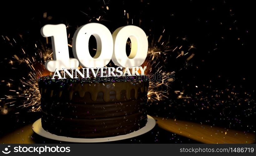 Anniversary 100 card. Round chocolate cake decorated with dragees of blue, red, yellow, green color with white numbers on a wooden table with artificial fire in the background and stars and colored dragees falling on the table. 3D Illustration. Anniversary greeting card. Chocolate cake decorated with colored dragees with white numbers on a wooden table with fireworks in the black background and stars falling on the table. 3D Illustration