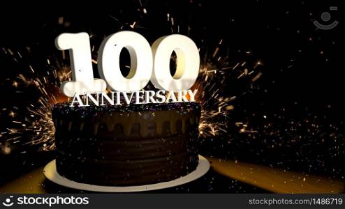 Anniversary 100 card. Round chocolate cake decorated with dragees of blue, red, yellow, green color with white numbers on a wooden table with artificial fire in the background and stars and colored dragees falling on the table. 3D Illustration. Anniversary greeting card. Chocolate cake decorated with colored dragees with white numbers on a wooden table with fireworks in the black background and stars falling on the table. 3D Illustration