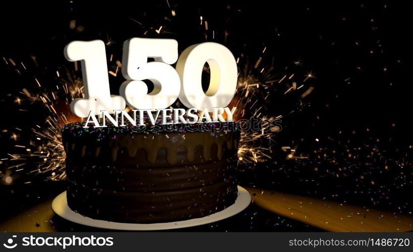 Anniversary 150 card. Round chocolate cake decorated with dragees of blue, red, yellow, green color with white numbers on a wooden table with artificial fire in the background and stars and colored dragees falling on the table. 3D Illustration. Anniversary greeting card. Chocolate cake decorated with colored dragees with white numbers on a wooden table with fireworks in the black background and stars falling on the table. 3D Illustration