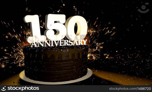 Anniversary 150 card. Round chocolate cake decorated with dragees of blue, red, yellow, green color with white numbers on a wooden table with artificial fire in the background and stars and colored dragees falling on the table. 3D Illustration. Anniversary greeting card. Chocolate cake decorated with colored dragees with white numbers on a wooden table with fireworks in the black background and stars falling on the table. 3D Illustration