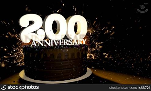 Anniversary 200 card. Round chocolate cake decorated with dragees of blue, red, yellow, green color with white numbers on a wooden table with artificial fire in the background and stars and colored dragees falling on the table. 3D Illustration. Anniversary greeting card. Chocolate cake decorated with colored dragees with white numbers on a wooden table with fireworks in the black background and stars falling on the table. 3D Illustration