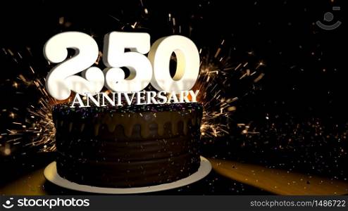 Anniversary 250 card. Round chocolate cake decorated with dragees of blue, red, yellow, green color with white numbers on a wooden table with artificial fire in the background and stars and colored dragees falling on the table. 3D Illustration. Anniversary greeting card. Chocolate cake decorated with colored dragees with white numbers on a wooden table with fireworks in the black background and stars falling on the table. 3D Illustration