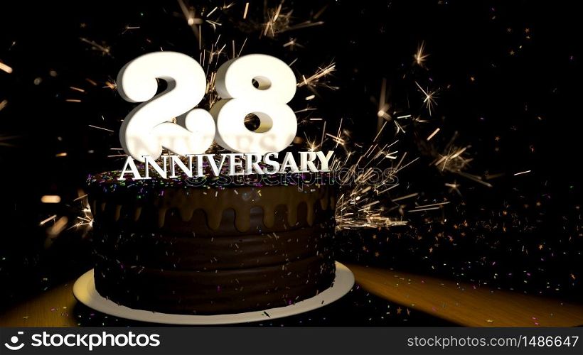 Anniversary 28 card. Round chocolate cake decorated with dragees of blue, red, yellow, green color with white numbers on a wooden table with artificial fire in the background and stars and colored dragees falling on the table. 3D Illustration. Anniversary greeting card. Chocolate cake decorated with colored dragees with white numbers on a wooden table with fireworks in the black background and stars falling on the table. 3D Illustration