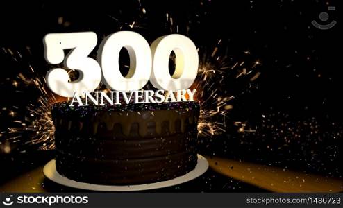 Anniversary 300 card. Round chocolate cake decorated with dragees of blue, red, yellow, green color with white numbers on a wooden table with artificial fire in the background and stars and colored dragees falling on the table. 3D Illustration. Anniversary greeting card. Chocolate cake decorated with colored dragees with white numbers on a wooden table with fireworks in the black background and stars falling on the table. 3D Illustration