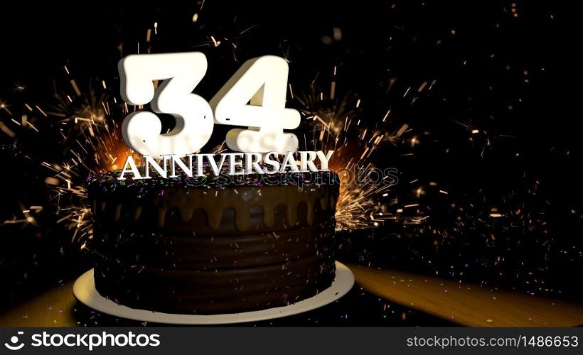 Anniversary 34 card. Round chocolate cake decorated with dragees of blue, red, yellow, green color with white numbers on a wooden table with artificial fire in the background and stars and colored dragees falling on the table. 3D Illustration. Anniversary greeting card. Chocolate cake decorated with colored dragees with white numbers on a wooden table with fireworks in the black background and stars falling on the table. 3D Illustration