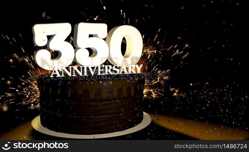 Anniversary 350 card. Round chocolate cake decorated with dragees of blue, red, yellow, green color with white numbers on a wooden table with artificial fire in the background and stars and colored dragees falling on the table. 3D Illustration. Anniversary greeting card. Chocolate cake decorated with colored dragees with white numbers on a wooden table with fireworks in the black background and stars falling on the table. 3D Illustration