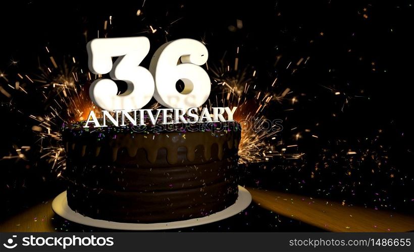 Anniversary 36 card. Round chocolate cake decorated with dragees of blue, red, yellow, green color with white numbers on a wooden table with artificial fire in the background and stars and colored dragees falling on the table. 3D Illustration. Anniversary greeting card. Chocolate cake decorated with colored dragees with white numbers on a wooden table with fireworks in the black background and stars falling on the table. 3D Illustration