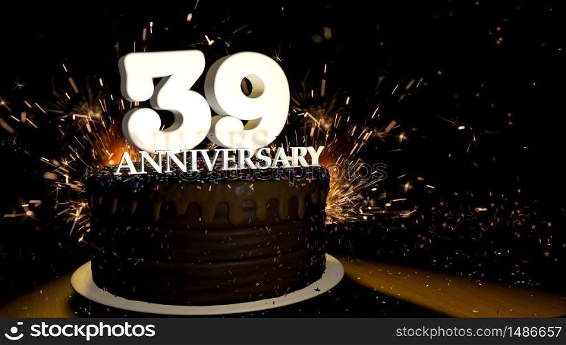 Anniversary 39 card. Round chocolate cake decorated with dragees of blue, red, yellow, green color with white numbers on a wooden table with artificial fire in the background and stars and colored dragees falling on the table. 3D Illustration. Anniversary greeting card. Chocolate cake decorated with colored dragees with white numbers on a wooden table with fireworks in the black background and stars falling on the table. 3D Illustration