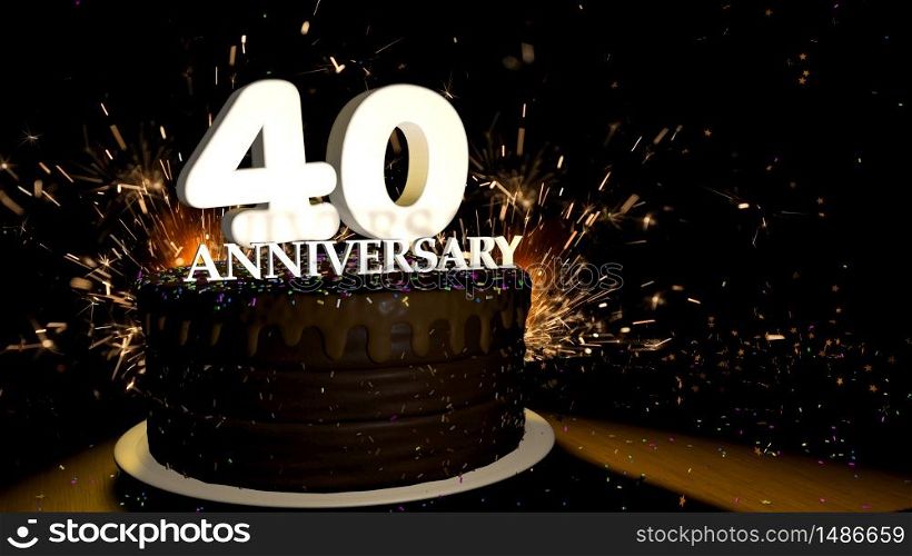 Anniversary 40 card. Round chocolate cake decorated with dragees of blue, red, yellow, green color with white numbers on a wooden table with artificial fire in the background and stars and colored dragees falling on the table. 3D Illustration. Anniversary greeting card. Chocolate cake decorated with colored dragees with white numbers on a wooden table with fireworks in the black background and stars falling on the table. 3D Illustration
