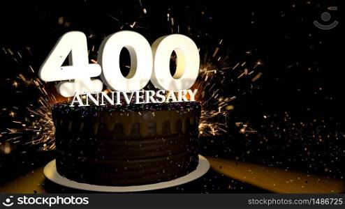 Anniversary 400 card. Round chocolate cake decorated with dragees of blue, red, yellow, green color with white numbers on a wooden table with artificial fire in the background and stars and colored dragees falling on the table. 3D Illustration. Anniversary greeting card. Chocolate cake decorated with colored dragees with white numbers on a wooden table with fireworks in the black background and stars falling on the table. 3D Illustration