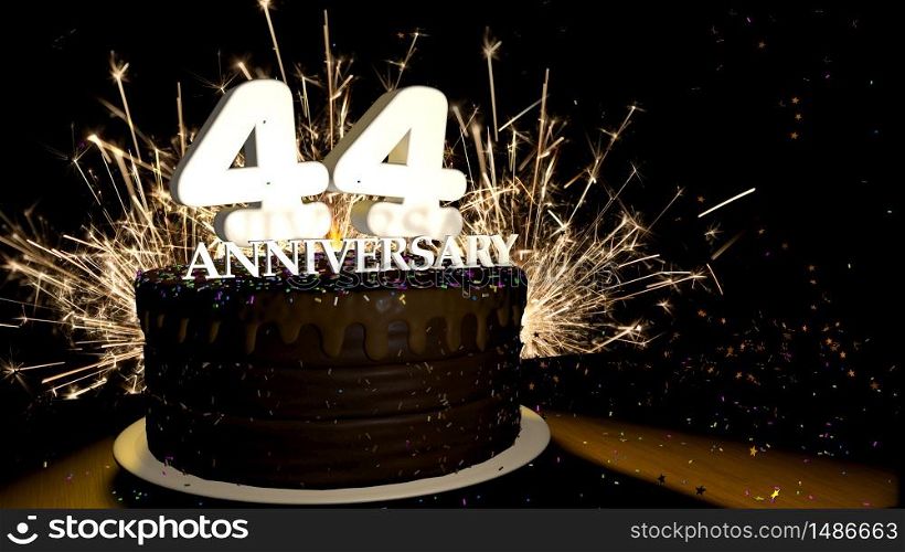 Anniversary 44 card. Round chocolate cake decorated with dragees of blue, red, yellow, green color with white numbers on a wooden table with artificial fire in the background and stars and colored dragees falling on the table. 3D Illustration. Anniversary greeting card. Chocolate cake decorated with colored dragees with white numbers on a wooden table with fireworks in the black background and stars falling on the table. 3D Illustration