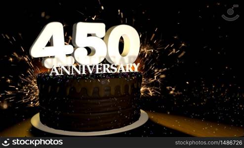 Anniversary 450 card. Round chocolate cake decorated with dragees of blue, red, yellow, green color with white numbers on a wooden table with artificial fire in the background and stars and colored dragees falling on the table. 3D Illustration. Anniversary greeting card. Chocolate cake decorated with colored dragees with white numbers on a wooden table with fireworks in the black background and stars falling on the table. 3D Illustration