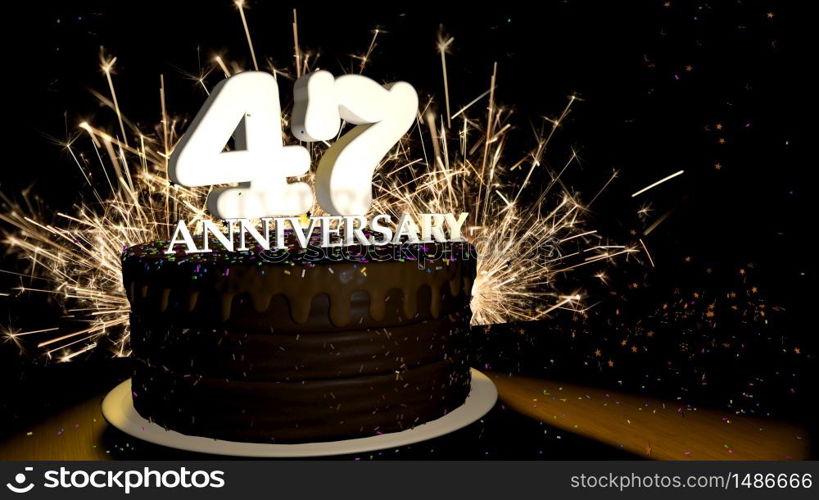 Anniversary 47 card. Round chocolate cake decorated with dragees of blue, red, yellow, green color with white numbers on a wooden table with artificial fire in the background and stars and colored dragees falling on the table. 3D Illustration. Anniversary greeting card. Chocolate cake decorated with colored dragees with white numbers on a wooden table with fireworks in the black background and stars falling on the table. 3D Illustration