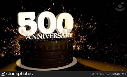 Anniversary 500 card. Round chocolate cake decorated with dragees of blue, red, yellow, green color with white numbers on a wooden table with artificial fire in the background and stars and colored dragees falling on the table. 3D Illustration. Anniversary greeting card. Chocolate cake decorated with colored dragees with white numbers on a wooden table with fireworks in the black background and stars falling on the table. 3D Illustration