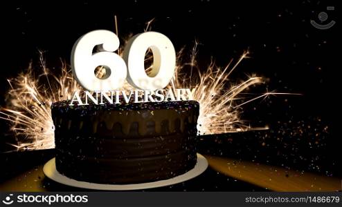 Anniversary 60 card. Round chocolate cake decorated with dragees of blue, red, yellow, green color with white numbers on a wooden table with artificial fire in the background and stars and colored dragees falling on the table. 3D Illustration. Anniversary greeting card. Chocolate cake decorated with colored dragees with white numbers on a wooden table with fireworks in the black background and stars falling on the table. 3D Illustration