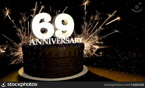 Anniversary 69 card. Round chocolate cake decorated with dragees of blue, red, yellow, green color with white numbers on a wooden table with artificial fire in the background and stars and colored dragees falling on the table. 3D Illustration. Anniversary greeting card. Chocolate cake decorated with colored dragees with white numbers on a wooden table with fireworks in the black background and stars falling on the table. 3D Illustration