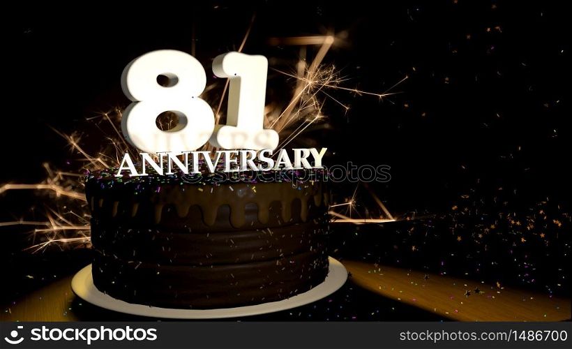 Anniversary 81 card. Round chocolate cake decorated with dragees of blue, red, yellow, green color with white numbers on a wooden table with artificial fire in the background and stars and colored dragees falling on the table. 3D Illustration. Anniversary greeting card. Chocolate cake decorated with colored dragees with white numbers on a wooden table with fireworks in the black background and stars falling on the table. 3D Illustration
