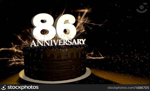 Anniversary 86 card. Round chocolate cake decorated with dragees of blue, red, yellow, green color with white numbers on a wooden table with artificial fire in the background and stars and colored dragees falling on the table. 3D Illustration. Anniversary greeting card. Chocolate cake decorated with colored dragees with white numbers on a wooden table with fireworks in the black background and stars falling on the table. 3D Illustration