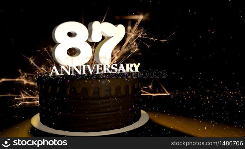 Anniversary 87 card. Round chocolate cake decorated with dragees of blue, red, yellow, green color with white numbers on a wooden table with artificial fire in the background and stars and colored dragees falling on the table. 3D Illustration. Anniversary greeting card. Chocolate cake decorated with colored dragees with white numbers on a wooden table with fireworks in the black background and stars falling on the table. 3D Illustration