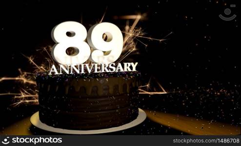 Anniversary 89 card. Round chocolate cake decorated with dragees of blue, red, yellow, green color with white numbers on a wooden table with artificial fire in the background and stars and colored dragees falling on the table. 3D Illustration. Anniversary greeting card. Chocolate cake decorated with colored dragees with white numbers on a wooden table with fireworks in the black background and stars falling on the table. 3D Illustration