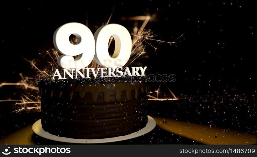Anniversary 90 card. Round chocolate cake decorated with dragees of blue, red, yellow, green color with white numbers on a wooden table with artificial fire in the background and stars and colored dragees falling on the table. 3D Illustration. Anniversary greeting card. Chocolate cake decorated with colored dragees with white numbers on a wooden table with fireworks in the black background and stars falling on the table. 3D Illustration