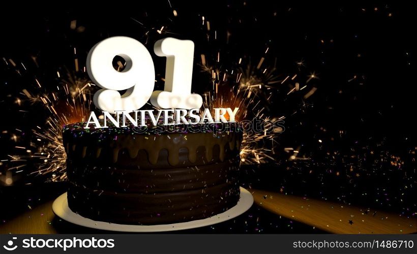 Anniversary 91 card. Round chocolate cake decorated with dragees of blue, red, yellow, green color with white numbers on a wooden table with artificial fire in the background and stars and colored dragees falling on the table. 3D Illustration. Anniversary greeting card. Chocolate cake decorated with colored dragees with white numbers on a wooden table with fireworks in the black background and stars falling on the table. 3D Illustration