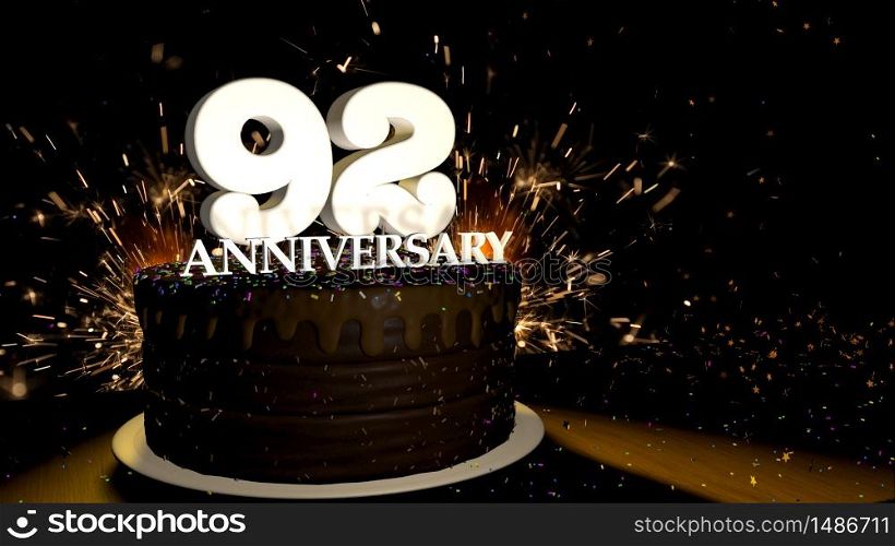 Anniversary 92 card. Round chocolate cake decorated with dragees of blue, red, yellow, green color with white numbers on a wooden table with artificial fire in the background and stars and colored dragees falling on the table. 3D Illustration. Anniversary greeting card. Chocolate cake decorated with colored dragees with white numbers on a wooden table with fireworks in the black background and stars falling on the table. 3D Illustration