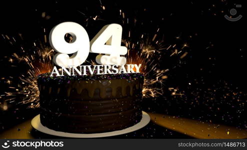 Anniversary 94 card. Round chocolate cake decorated with dragees of blue, red, yellow, green color with white numbers on a wooden table with artificial fire in the background and stars and colored dragees falling on the table. 3D Illustration. Anniversary greeting card. Chocolate cake decorated with colored dragees with white numbers on a wooden table with fireworks in the black background and stars falling on the table. 3D Illustration