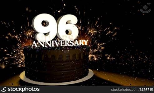 Anniversary 96 card. Round chocolate cake decorated with dragees of blue, red, yellow, green color with white numbers on a wooden table with artificial fire in the background and stars and colored dragees falling on the table. 3D Illustration. Anniversary greeting card. Chocolate cake decorated with colored dragees with white numbers on a wooden table with fireworks in the black background and stars falling on the table. 3D Illustration