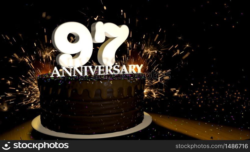 Anniversary 97 card. Round chocolate cake decorated with dragees of blue, red, yellow, green color with white numbers on a wooden table with artificial fire in the background and stars and colored dragees falling on the table. 3D Illustration. Anniversary greeting card. Chocolate cake decorated with colored dragees with white numbers on a wooden table with fireworks in the black background and stars falling on the table. 3D Illustration