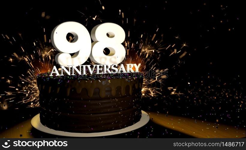 Anniversary 98card. Round chocolate cake decorated with dragees of blue, red, yellow, green color with white numbers on a wooden table with artificial fire in the background and stars and colored dragees falling on the table. 3D Illustration. Anniversary greeting card. Chocolate cake decorated with colored dragees with white numbers on a wooden table with fireworks in the black background and stars falling on the table. 3D Illustration