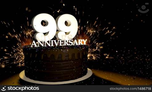 Anniversary 99 card. Round chocolate cake decorated with dragees of blue, red, yellow, green color with white numbers on a wooden table with artificial fire in the background and stars and colored dragees falling on the table. 3D Illustration. Anniversary greeting card. Chocolate cake decorated with colored dragees with white numbers on a wooden table with fireworks in the black background and stars falling on the table. 3D Illustration