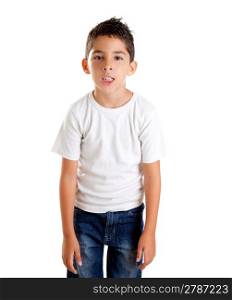 annoyed kid with funny fed up gesture isolated on white