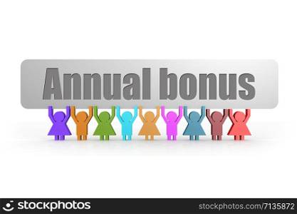 Annual bonus word on a banner hold by group of puppets, 3D rendering