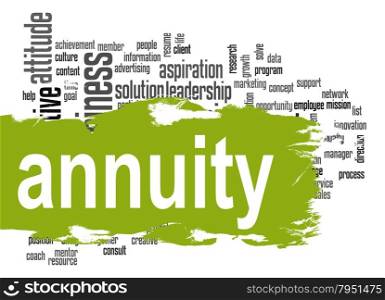 Annuity word cloud with green banner image with hi-res rendered artwork that could be used for any graphic design.. Decision word cloud with yellow banner
