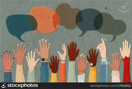 Anonymous arms and raised hands of multiethnic multicultural group people.Speech bubble.Crowd diversity people.Man and women of diverse races.Communication. Racial equality. Male female