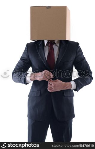 anonymous business man with a cardboard box on his head concealing his identity