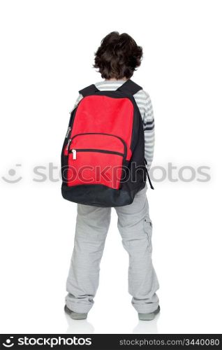 Anonymous child back with a heavy pack isolated on white background