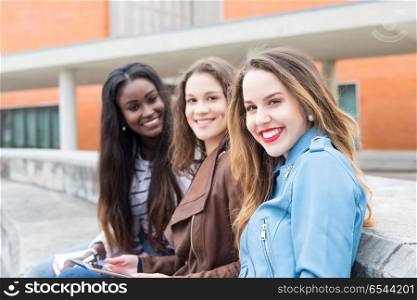 Another day at the university!. Group multi ethnic young students at the university campus