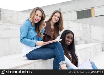 Another day at the university!. Group multi ethnic young students at the university campus