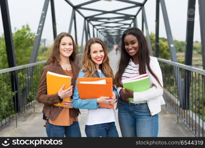 Another day at the university!. Group multi ethnic young students at the university campus